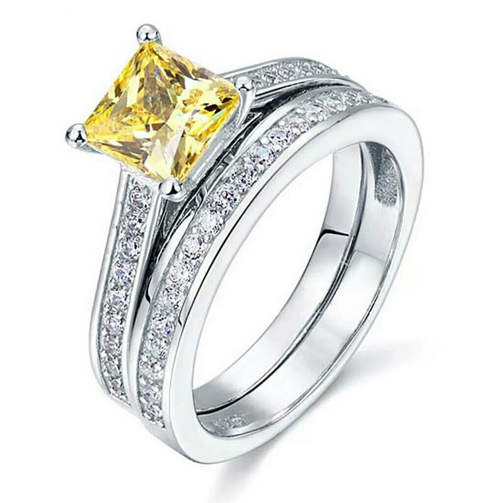 1.5ct Princess Cut Citrine & Diamond Wedding Set